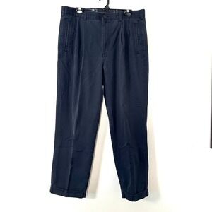 VTG Savane Pleated Chinos Navy Blue‎ Cotton Pants Cuffed 38x30 Old Money DadCore